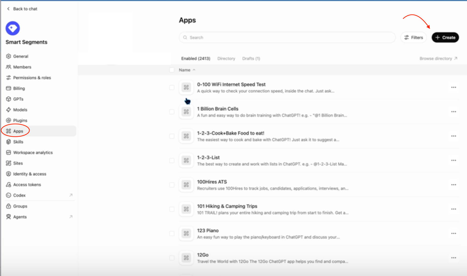ChatGPT workspace settings with Apps selected and the Create button at the top right.