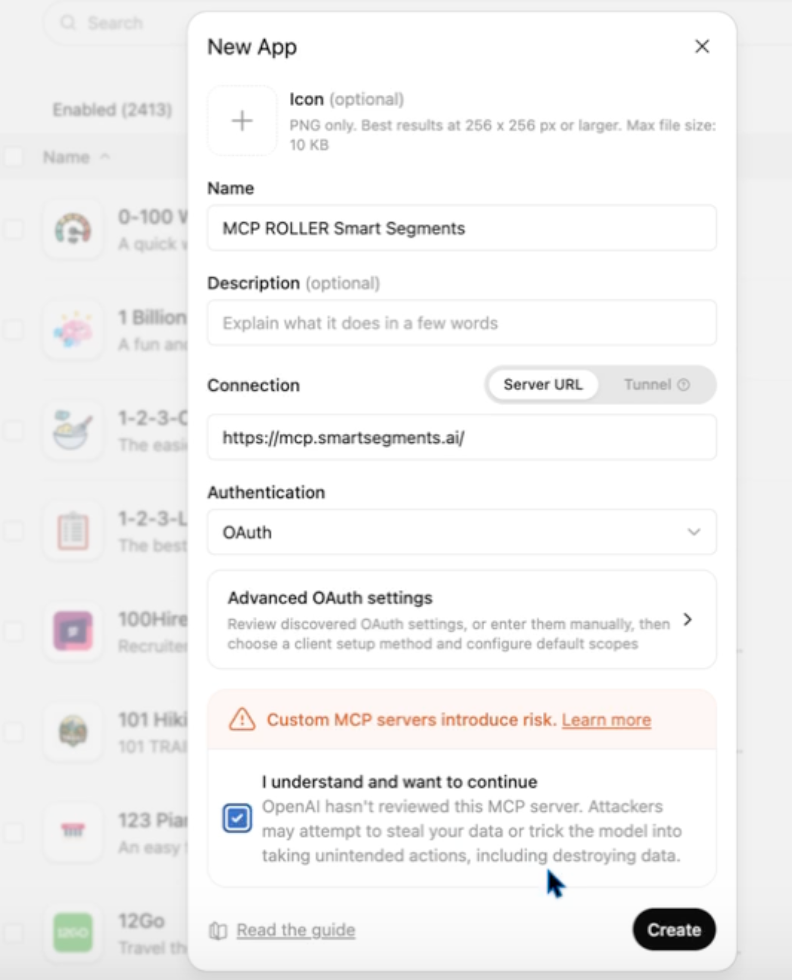 ChatGPT New App form showing MCP ROLLER Smart Segments, its server URL, OAuth authentication, and the acknowledgement checkbox.