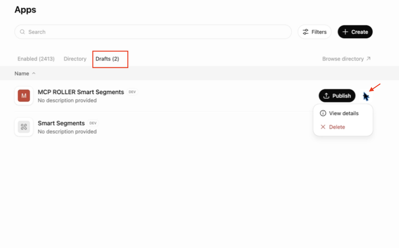 ChatGPT Apps page with the Drafts tab selected and the app menu open to View details.