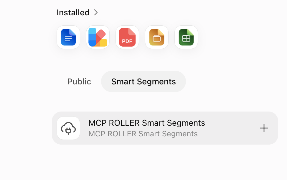 The Smart Segments plugin list showing MCP ROLLER Smart Segments and its add button.