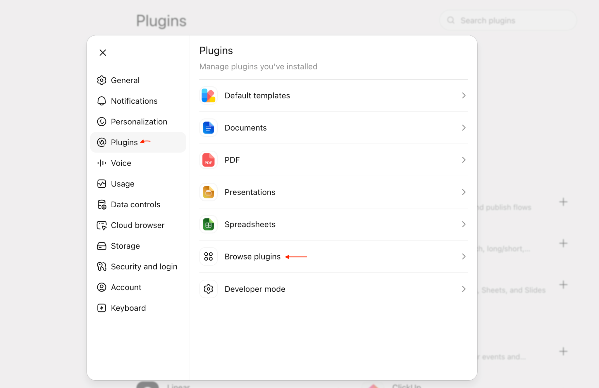 ChatGPT Settings with Plugins and Browse plugins highlighted.