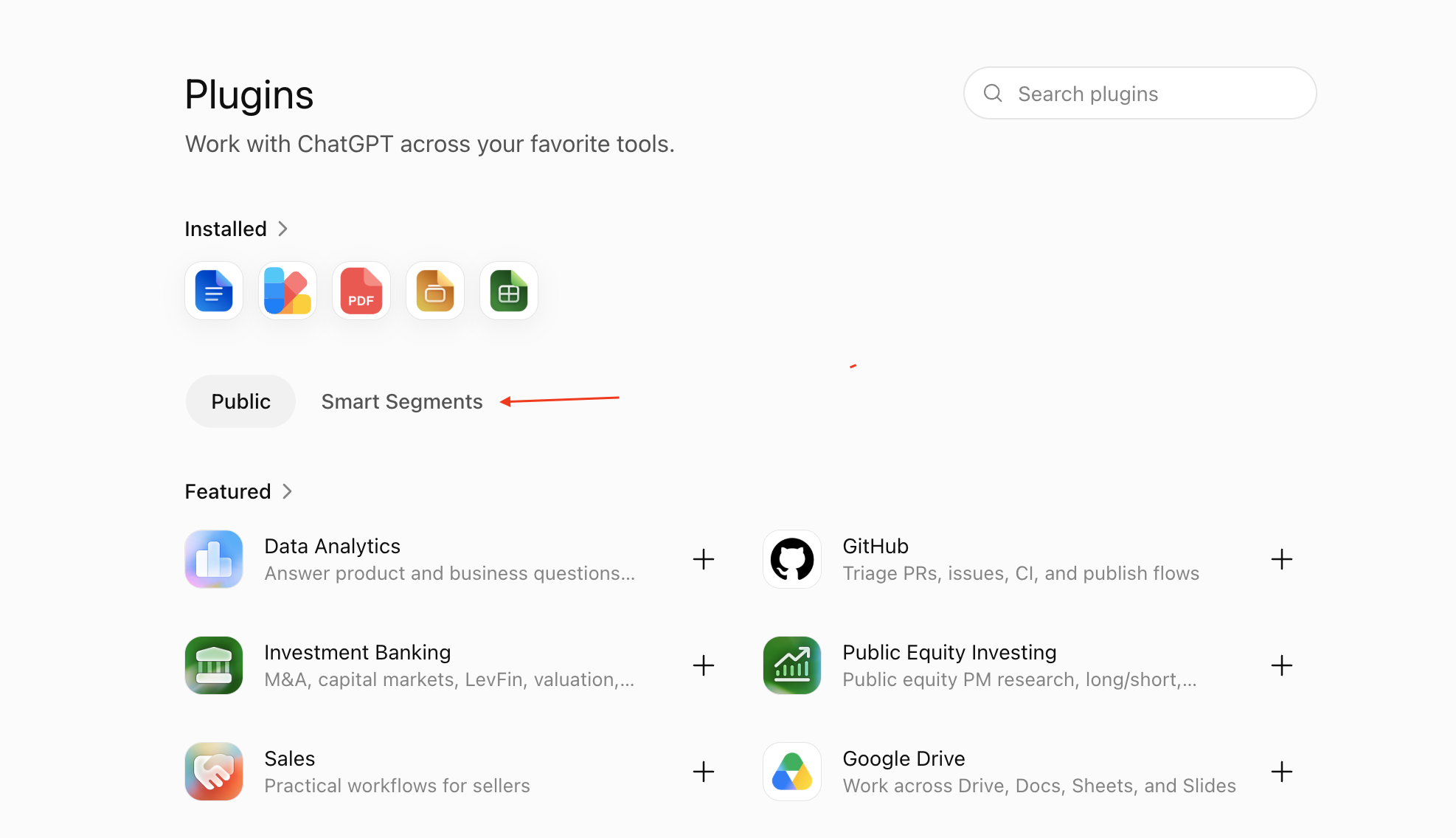 ChatGPT Plugins page with the Smart Segments organisation tab highlighted.