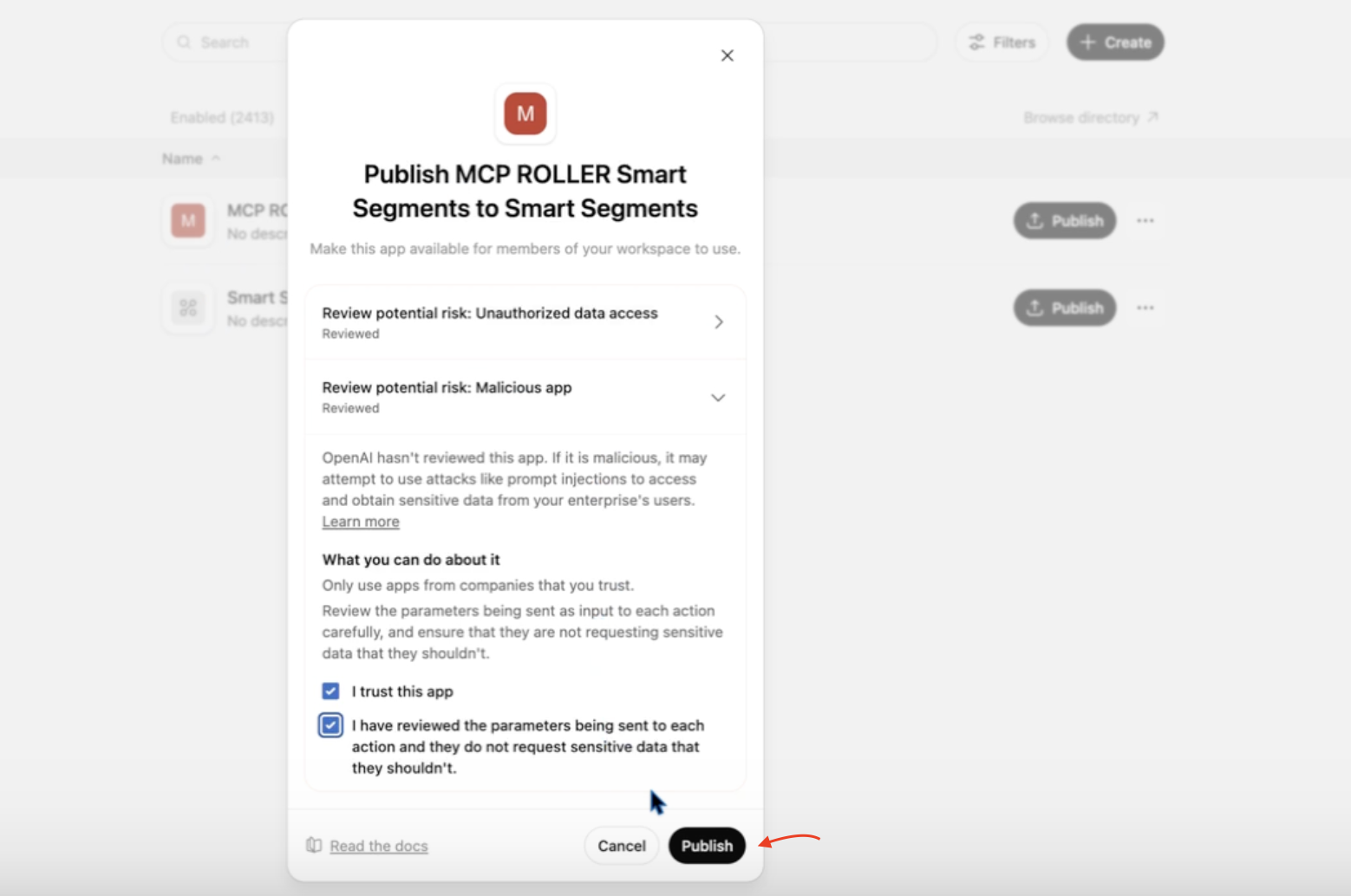 ChatGPT publish dialog showing app review conditions and the Publish button.