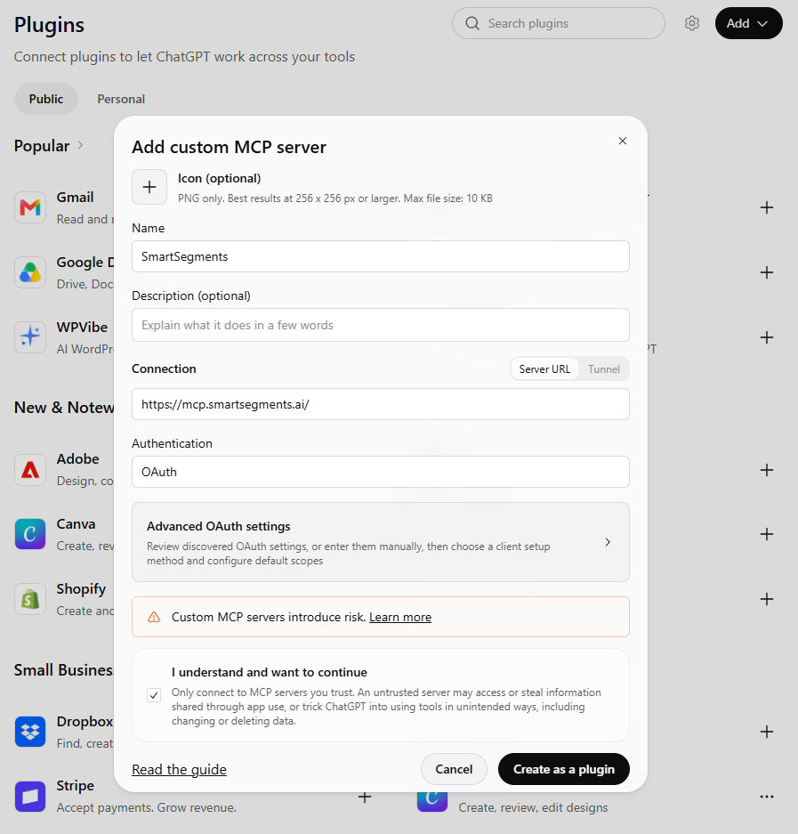 ChatGPT Add custom MCP server form filled with SmartSegments, the MCP server URL, and OAuth authentication.